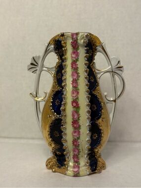 Antique Porcelain Ornate Bud Vase German Double Handled Floral Glitzy